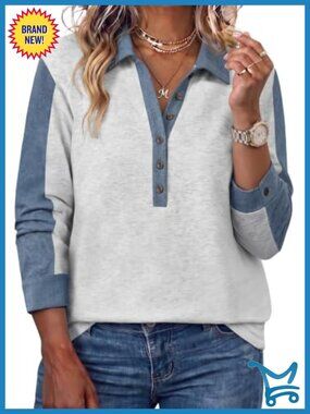 Plus Size Denim Patchwork Button Sweatshirt Long Sleeve Pullover Top